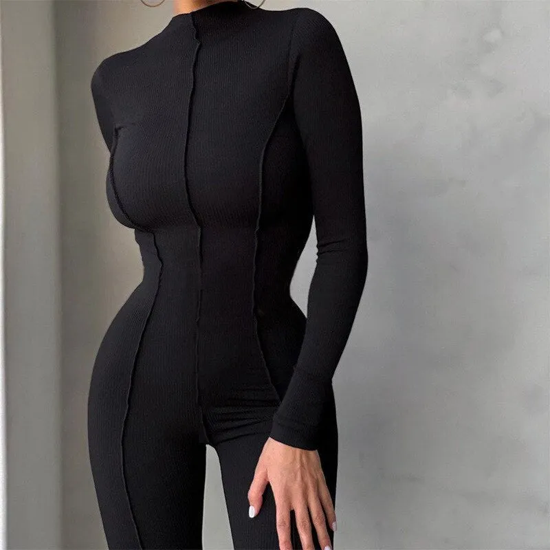 Active Wear Knit Ribbed Rompers Sporty Workout Womens Jumpsuit Long Sleeve Zipper Green Embroidery Letter Print Jogger PR1421G
