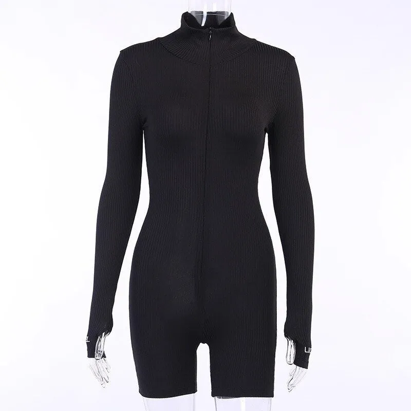 Active Wear Knit Ribbed Rompers Sporty Workout Womens Jumpsuit Long Sleeve Zipper Green Embroidery Letter Print Jogger PR1421G