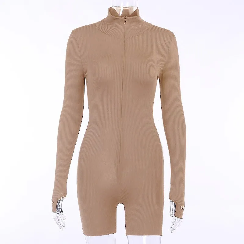 Active Wear Knit Ribbed Rompers Sporty Workout Womens Jumpsuit Long Sleeve Zipper Green Embroidery Letter Print Jogger PR1421G