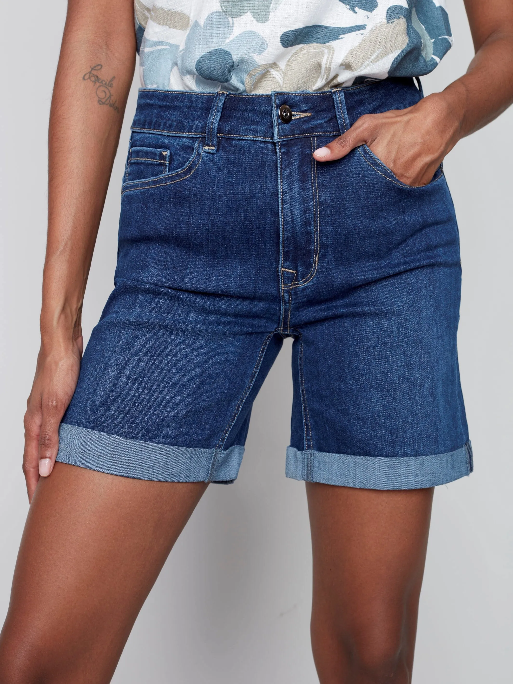 Cuffed Hem Denim Shorts - Indigo