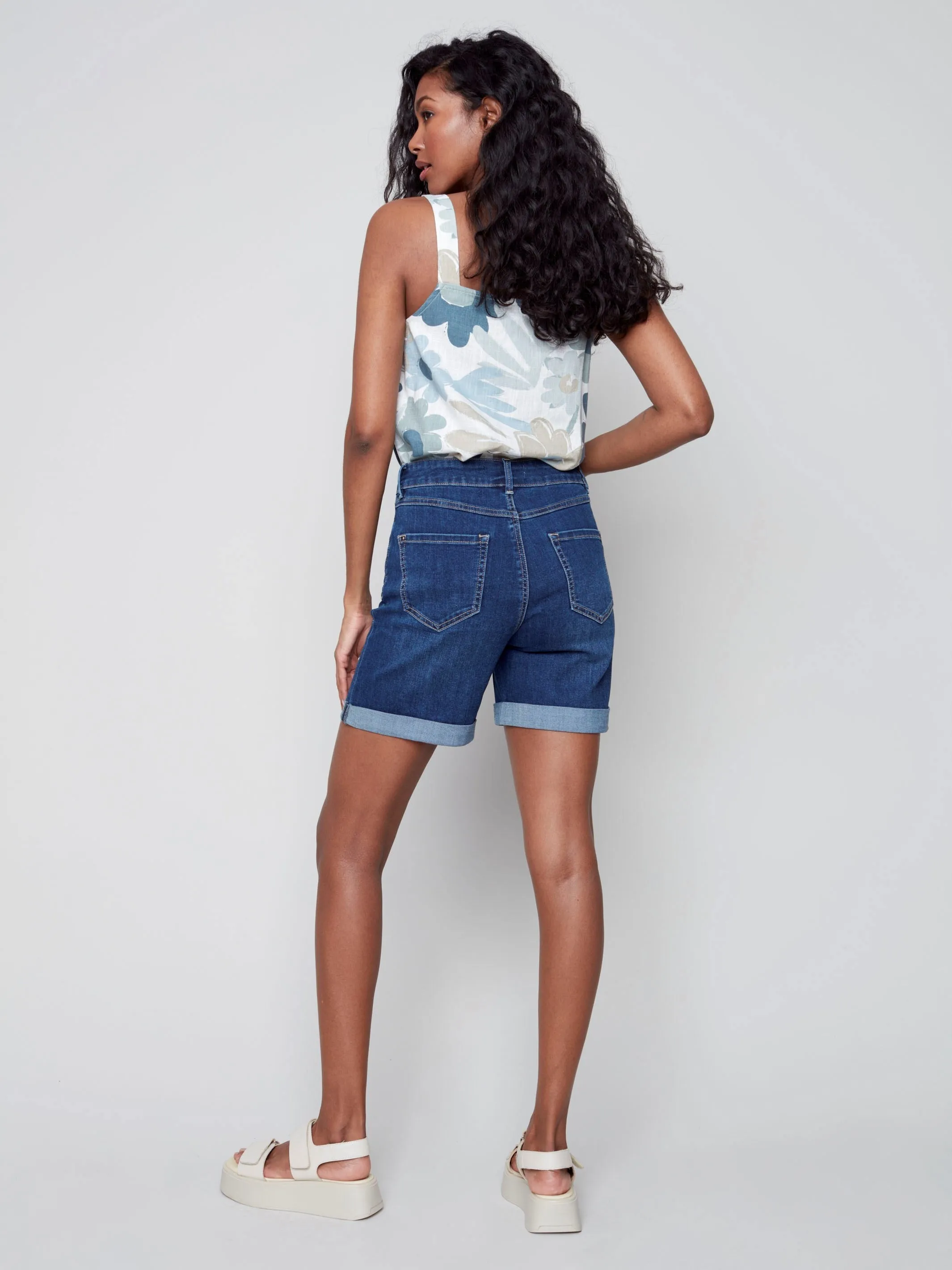 Cuffed Hem Denim Shorts - Indigo