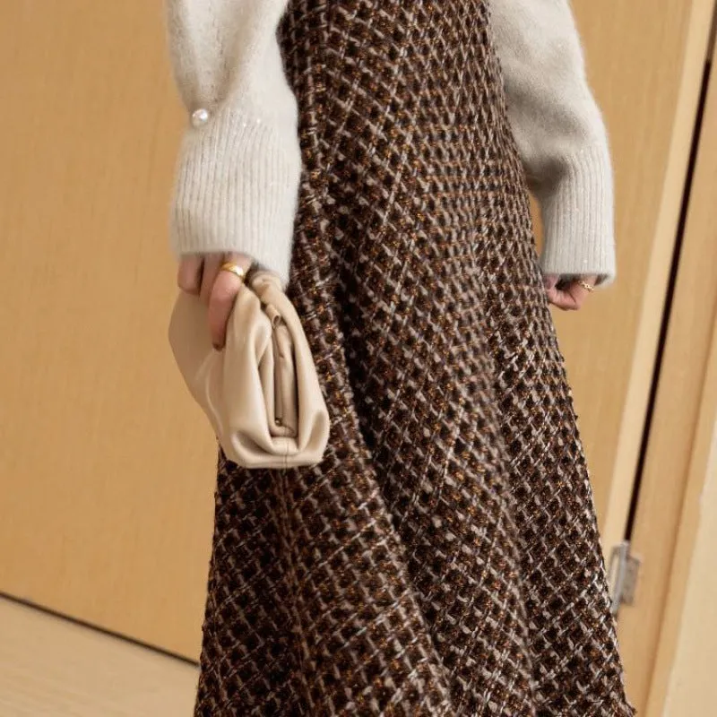 Elegant Wool A-Line Skirt – High-Waisted, Thickened, Flowing Umbrella Hem