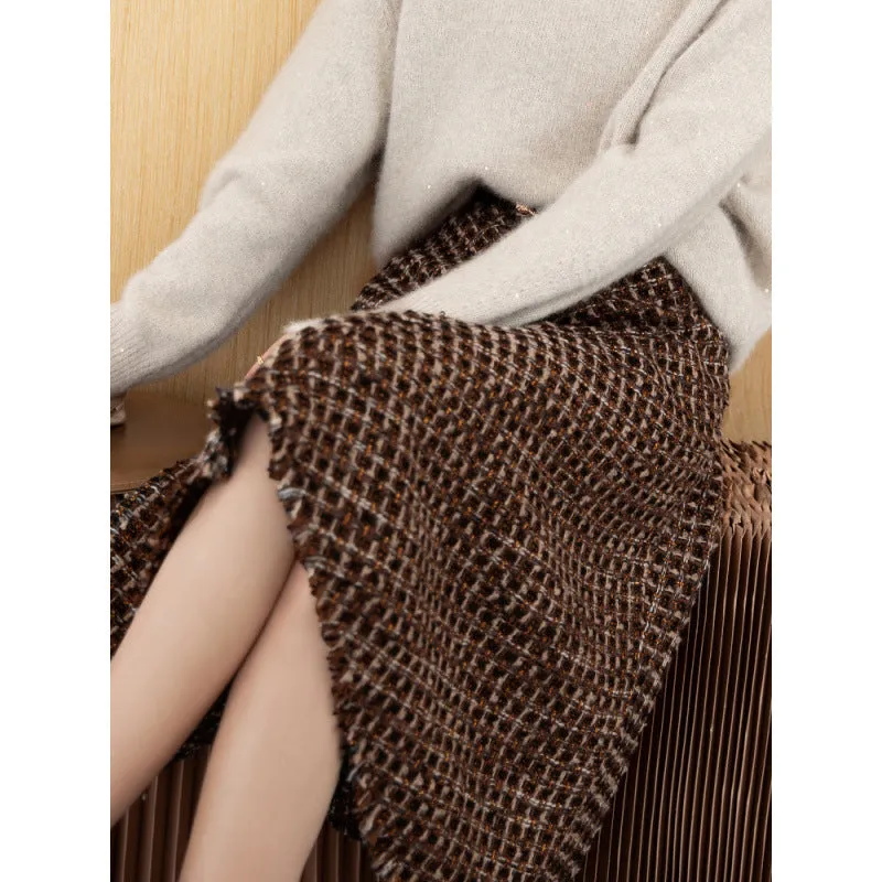 Elegant Wool A-Line Skirt – High-Waisted, Thickened, Flowing Umbrella Hem