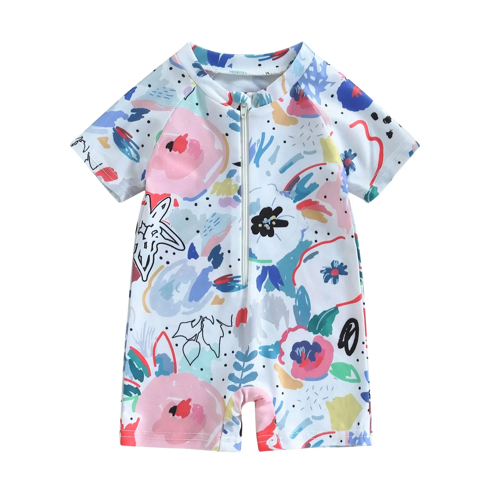 EWODOS Baby Girls Boys Rash Guard Swimsuit Playsuits Rompers Watercolour Print Zipper Short Sleeve Sun Protection Bathing Suit