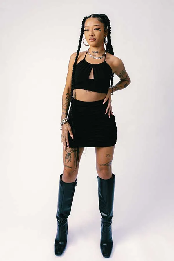 Halter Top Ruched Mini Skirt Set