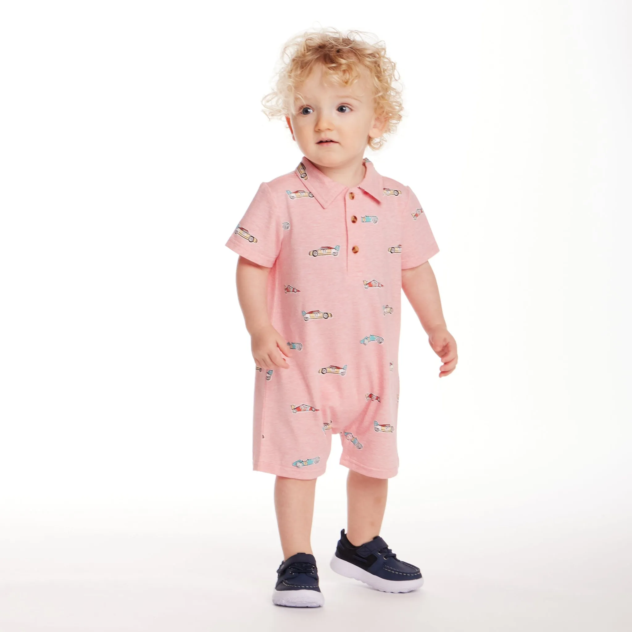Infant (3-18M) Print Polo Romper | Coral Racecar