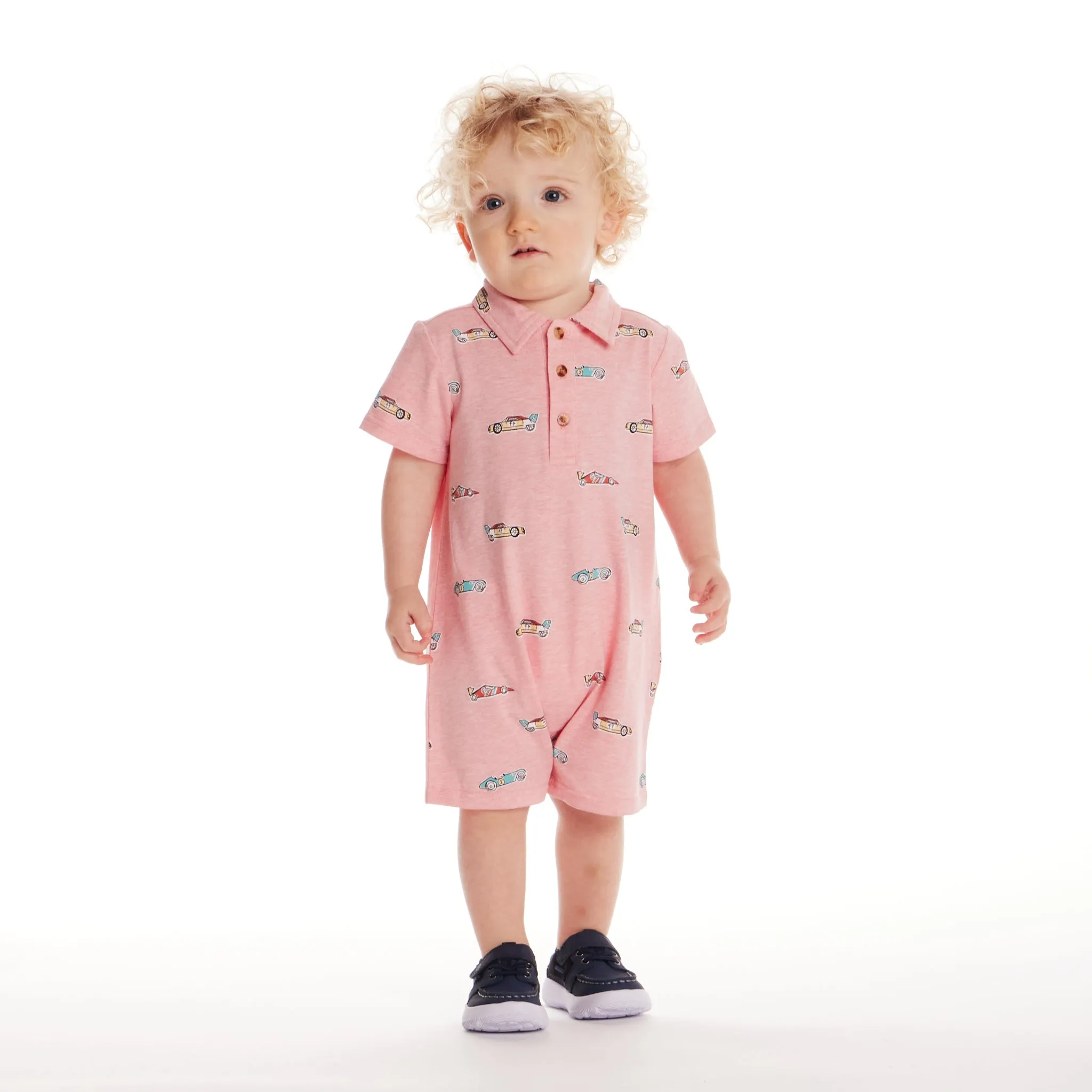 Infant (3-18M) Print Polo Romper | Coral Racecar