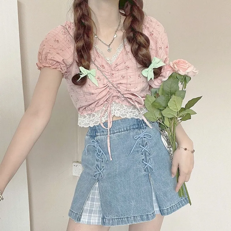 Mini Blue Grey Denim and Checked Skirt
