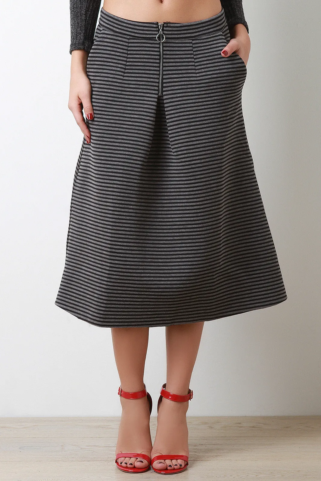 Striped Scuba A-Line Midi Skirt