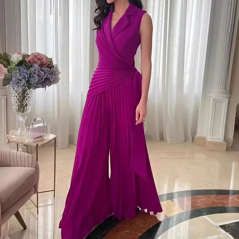UAKISS  -  New Chic Sleeveless V Neck Fold Jumpsuits Elegant Solid Color Wide Leg Rompers Fashion High Waisted Lace Up Party Lady Playsuits