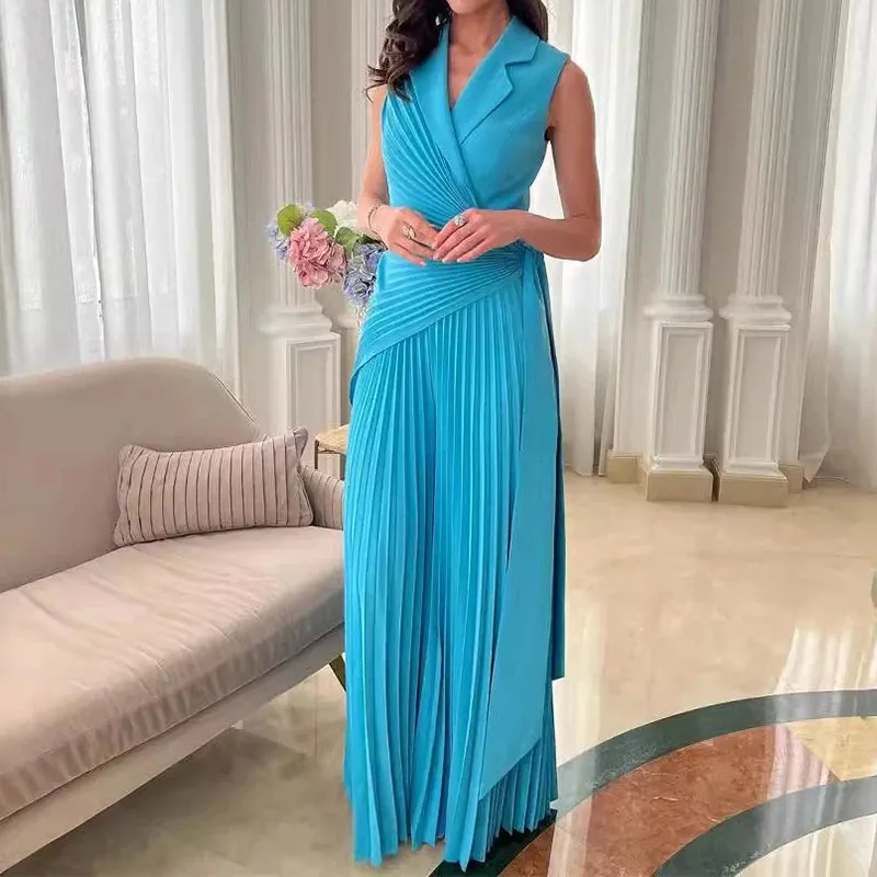 UAKISS  -  New Chic Sleeveless V Neck Fold Jumpsuits Elegant Solid Color Wide Leg Rompers Fashion High Waisted Lace Up Party Lady Playsuits