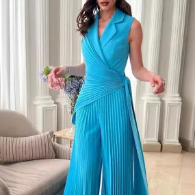 UAKISS  -  New Chic Sleeveless V Neck Fold Jumpsuits Elegant Solid Color Wide Leg Rompers Fashion High Waisted Lace Up Party Lady Playsuits