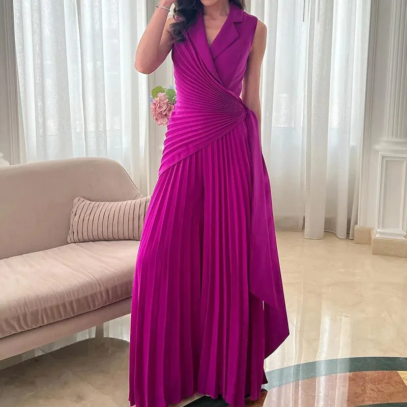 UAKISS  -  New Chic Sleeveless V Neck Fold Jumpsuits Elegant Solid Color Wide Leg Rompers Fashion High Waisted Lace Up Party Lady Playsuits