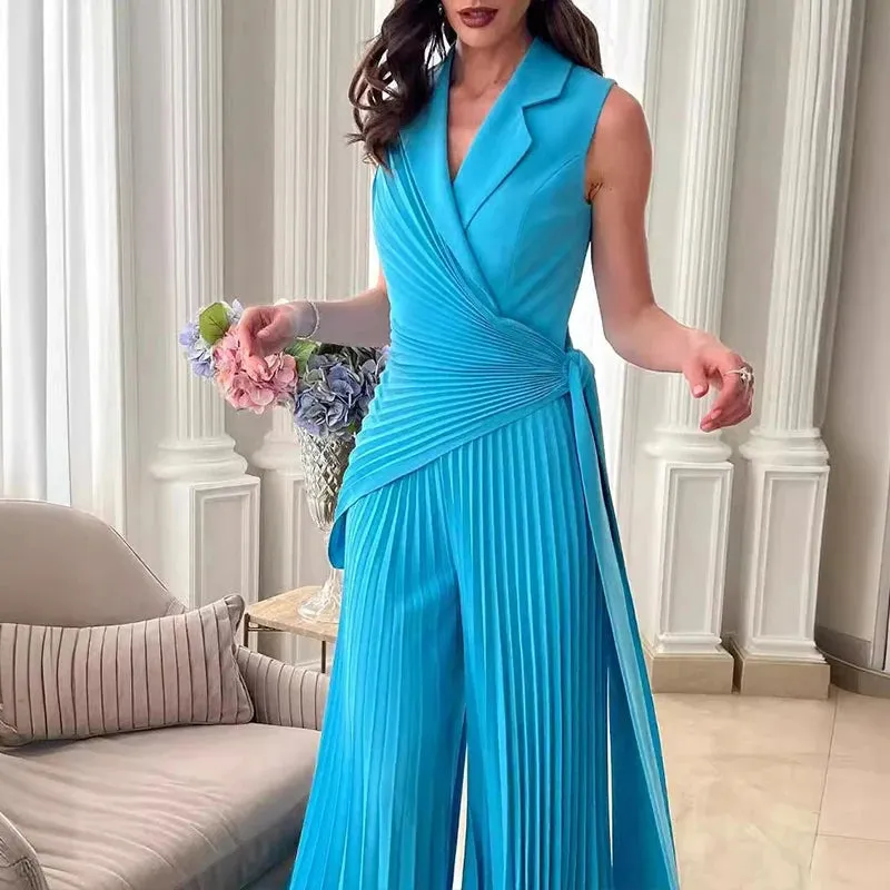 UAKISS  -  New Chic Sleeveless V Neck Fold Jumpsuits Elegant Solid Color Wide Leg Rompers Fashion High Waisted Lace Up Party Lady Playsuits