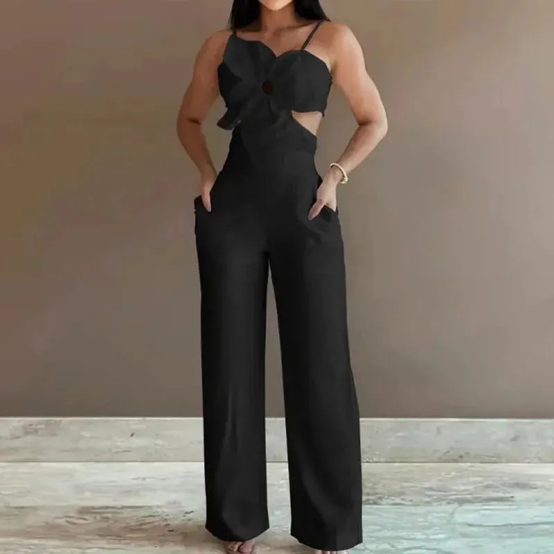 UAKISS  -  Wide Leg Pants Hollow Out Jumpsuits, Women Summer Sexy Sleeveless Solid Playsuits, New Patchwork Loungewear Rompers Dropshipping