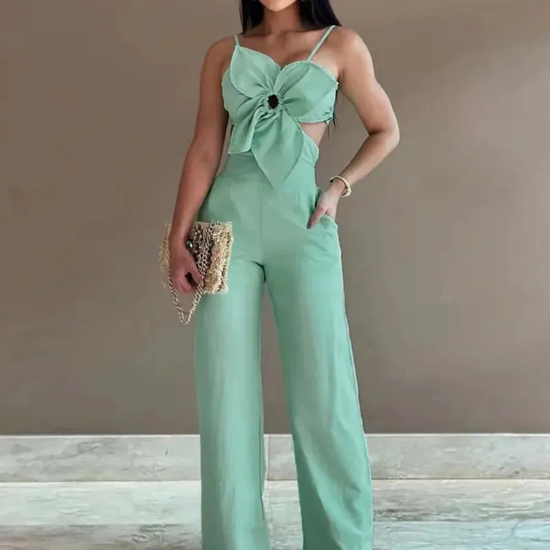 UAKISS  -  Wide Leg Pants Hollow Out Jumpsuits, Women Summer Sexy Sleeveless Solid Playsuits, New Patchwork Loungewear Rompers Dropshipping