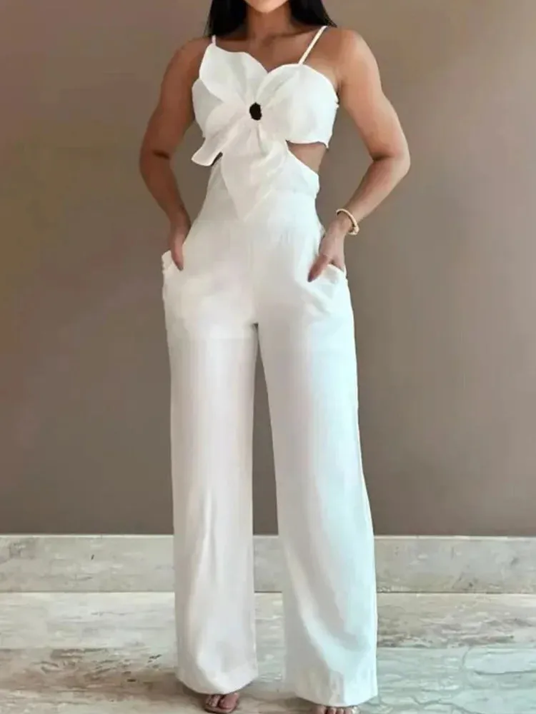 UAKISS  -  Wide Leg Pants Hollow Out Jumpsuits, Women Summer Sexy Sleeveless Solid Playsuits, New Patchwork Loungewear Rompers Dropshipping