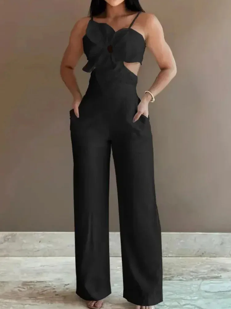 UAKISS  -  Wide Leg Pants Hollow Out Jumpsuits, Women Summer Sexy Sleeveless Solid Playsuits, New Patchwork Loungewear Rompers Dropshipping