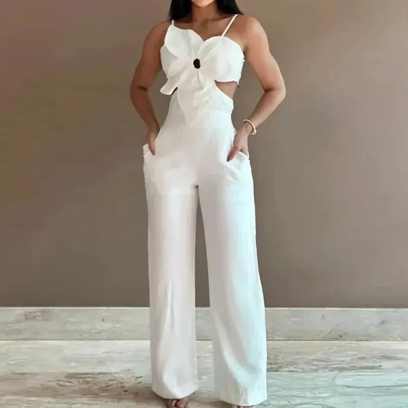UAKISS  -  Wide Leg Pants Hollow Out Jumpsuits, Women Summer Sexy Sleeveless Solid Playsuits, New Patchwork Loungewear Rompers Dropshipping