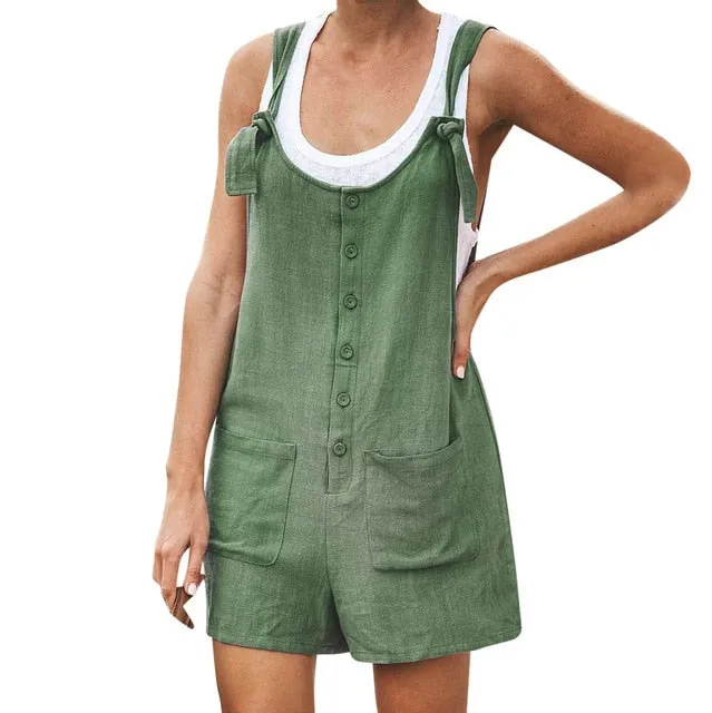 Women Rompers Summer Casual Loose Sleeveless Jumpsuit Solid Button Pocket Suspenders Bib Short Pants Wide Leg Playsuits Overalls