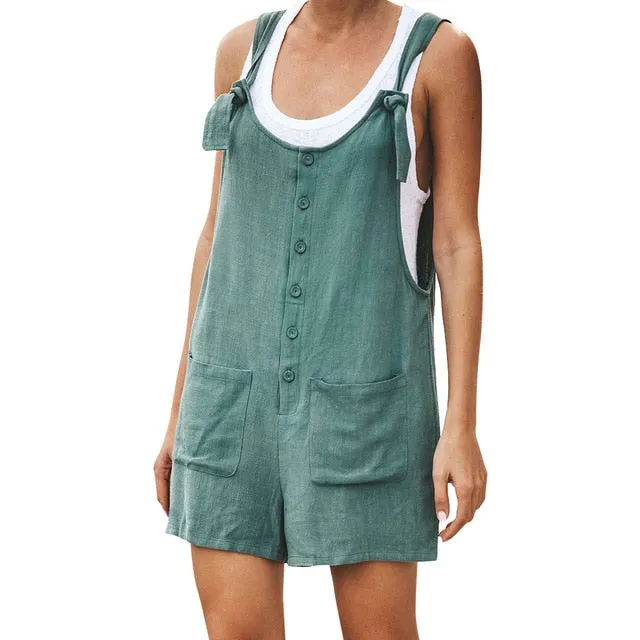 Women Rompers Summer Casual Loose Sleeveless Jumpsuit Solid Button Pocket Suspenders Bib Short Pants Wide Leg Playsuits Overalls