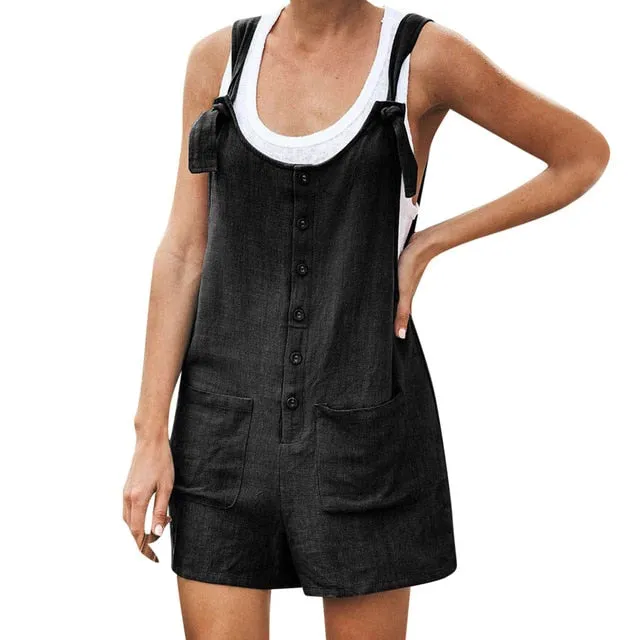 Women Rompers Summer Casual Loose Sleeveless Jumpsuit Solid Button Pocket Suspenders Bib Short Pants Wide Leg Playsuits Overalls