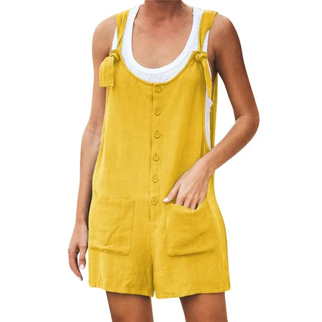 Women Rompers Summer Casual Loose Sleeveless Jumpsuit Solid Button Pocket Suspenders Bib Short Pants Wide Leg Playsuits Overalls