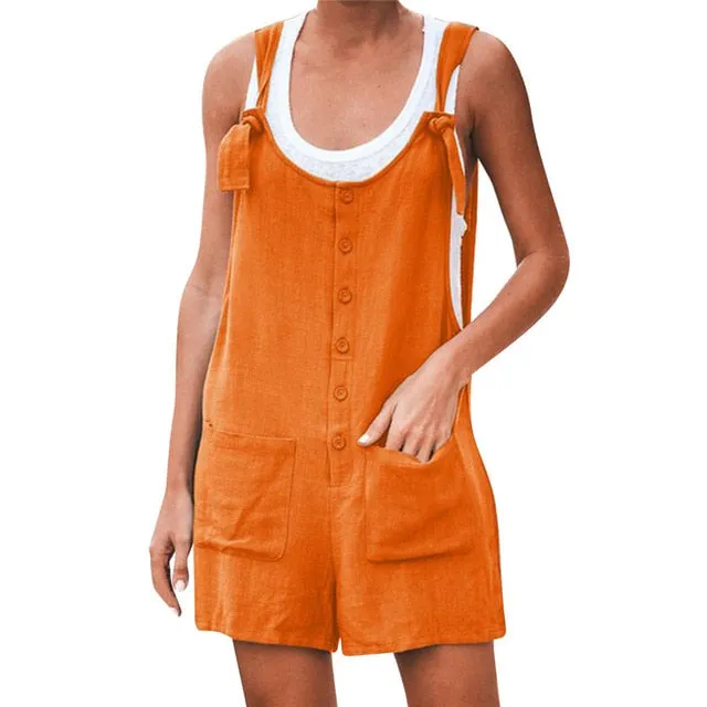 Women Rompers Summer Casual Loose Sleeveless Jumpsuit Solid Button Pocket Suspenders Bib Short Pants Wide Leg Playsuits Overalls